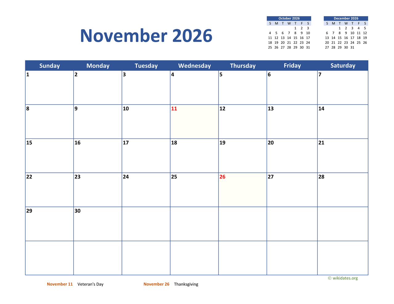 November 2026 Calendar Classic WikiDates
