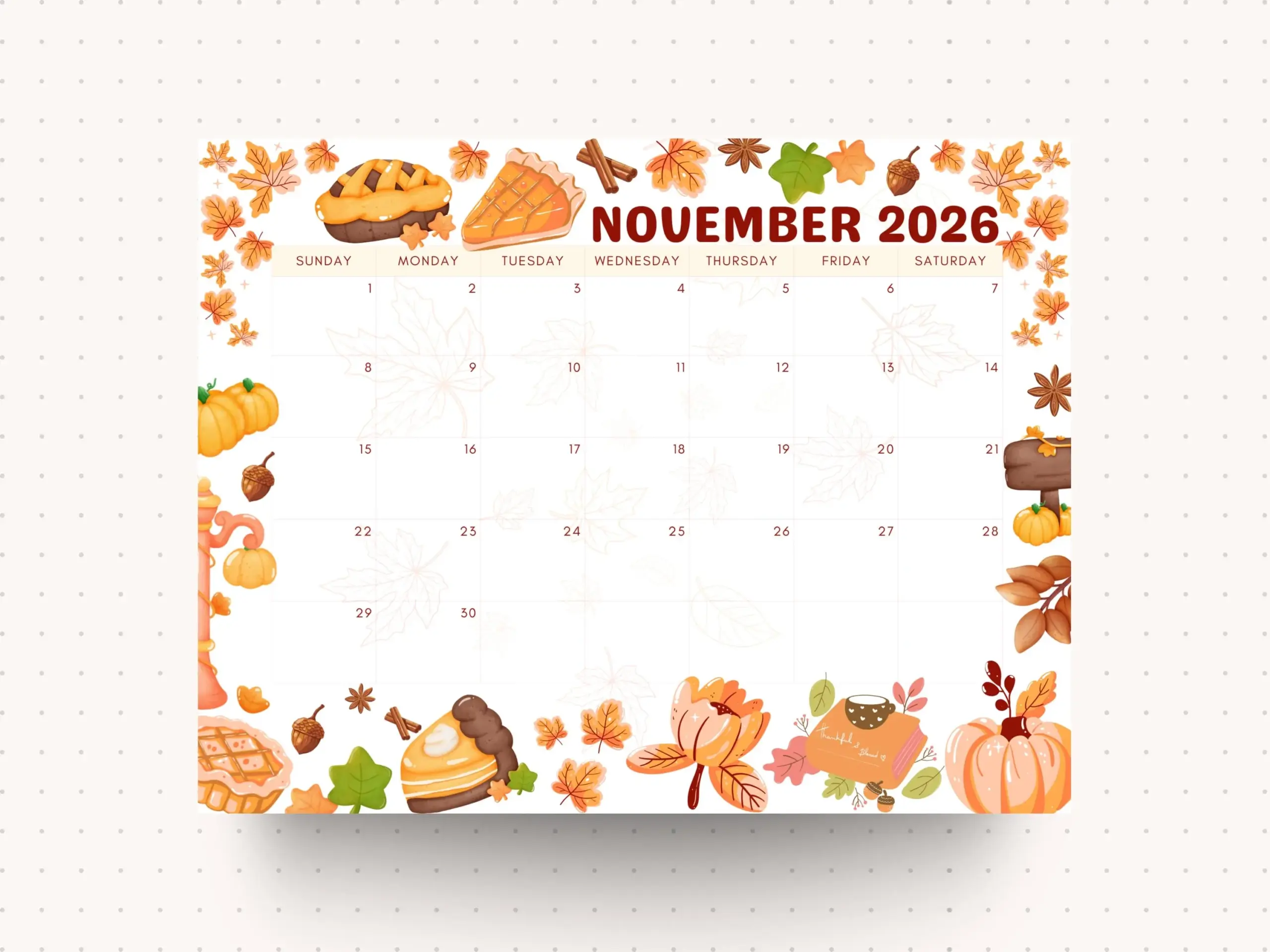 November 2026 Calendar Cozy Fall Printable Monthly Calendar For 