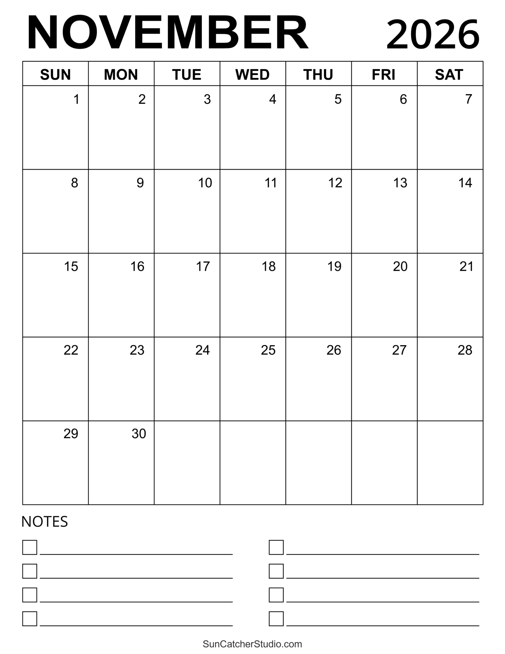 Daily Printable November 2026 Calendar