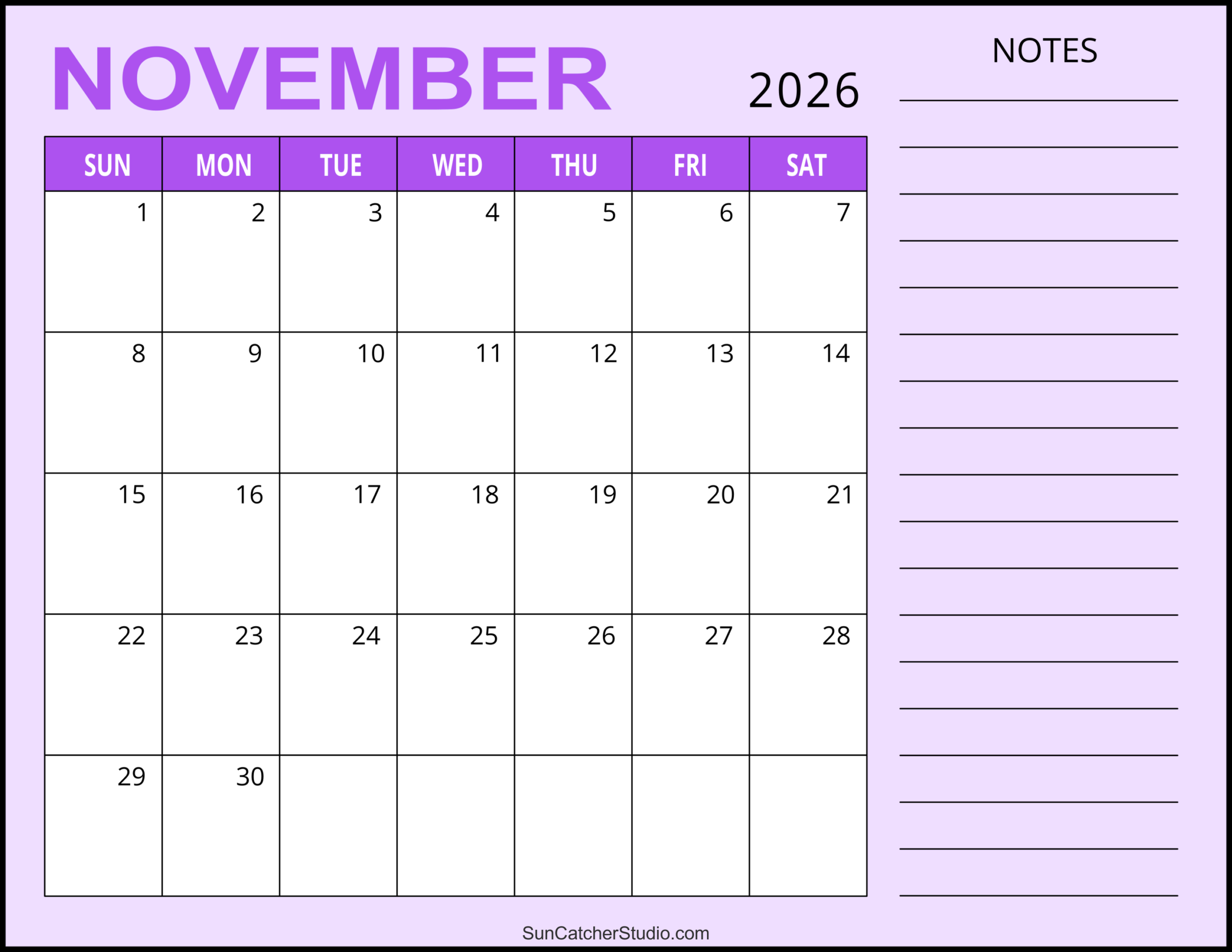 Cute November Month Printable Calendar 2026