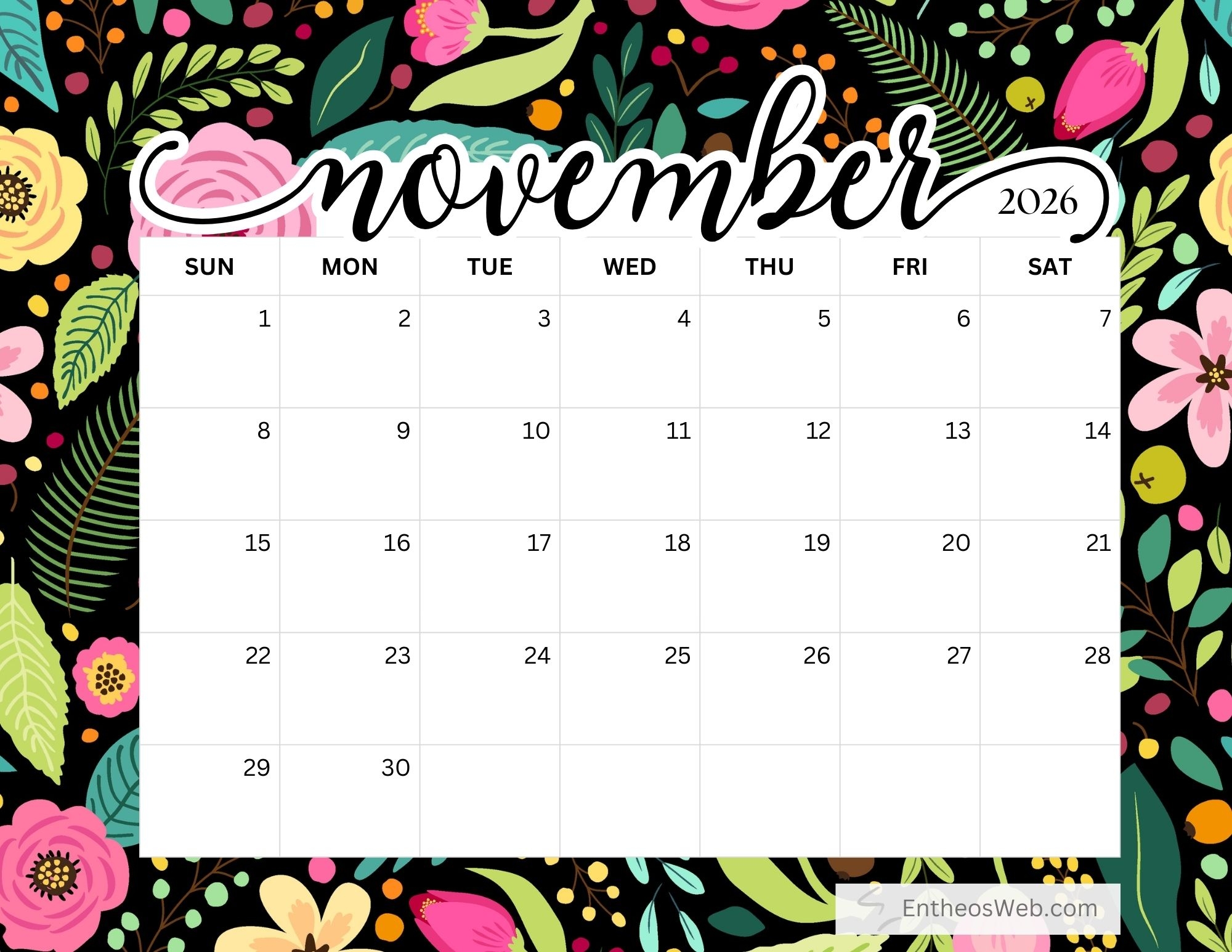 2026 Printable November Calendar