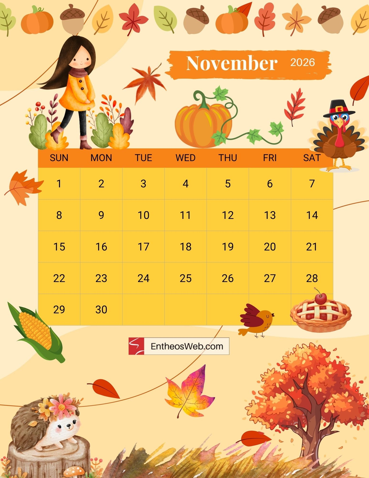 Printable Calendar 2026 November Thanksgiving