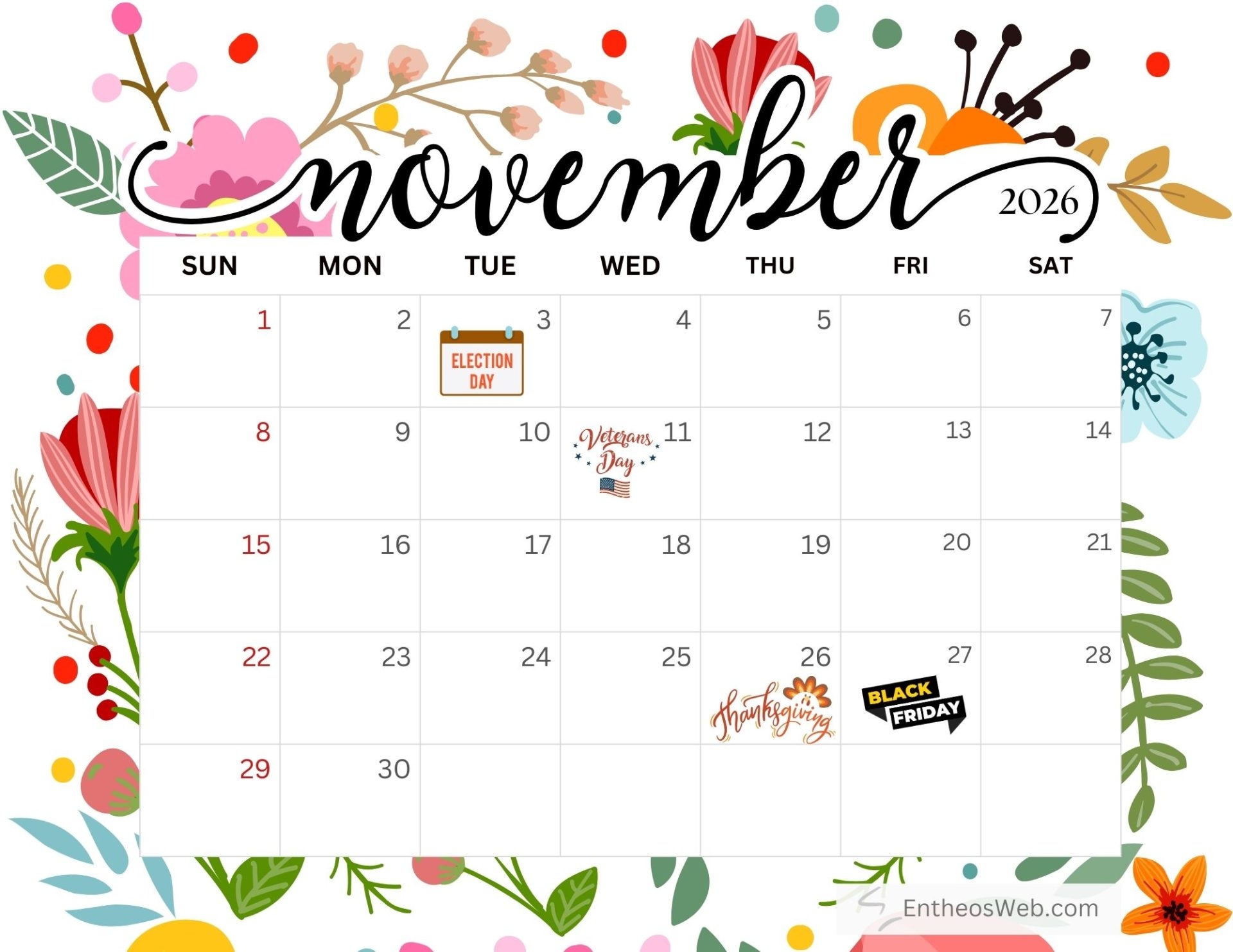 Printable Calendar With Holidays November 2026