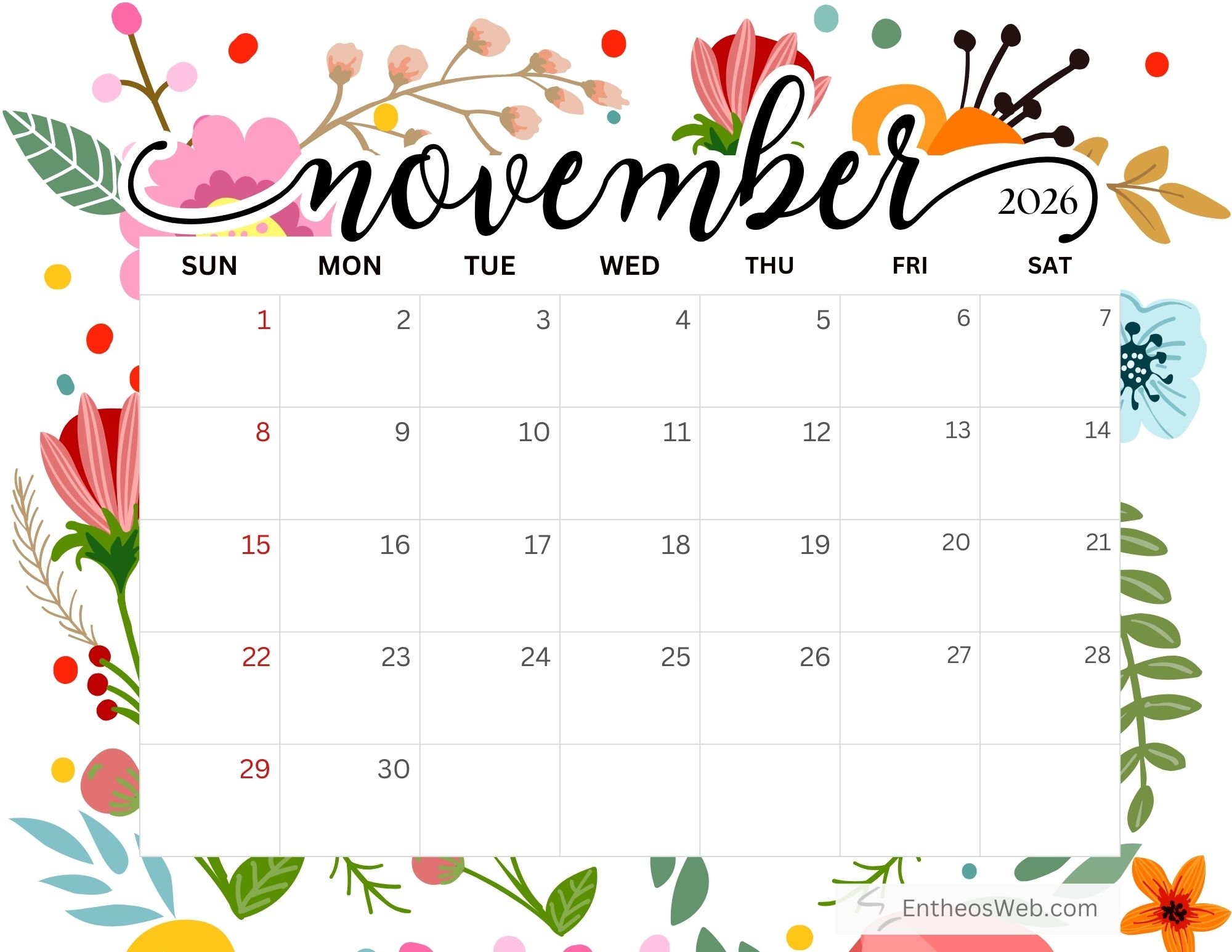 November 2026 Calendar Printables EntheosWeb