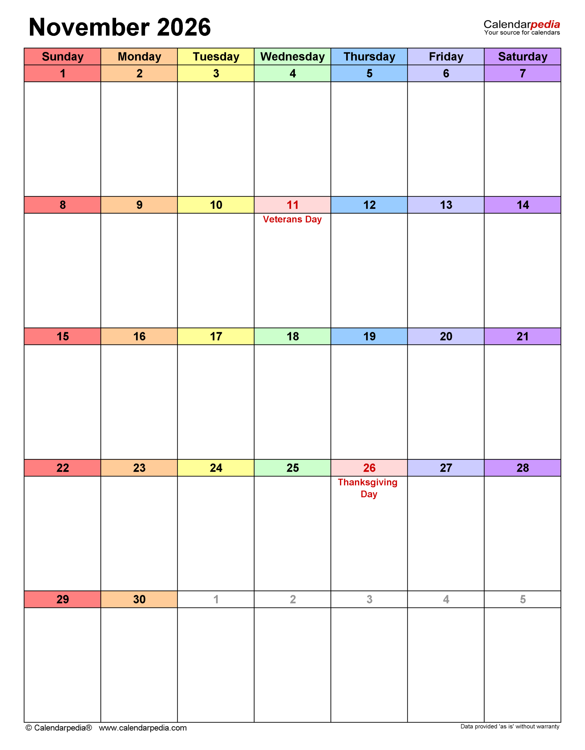 Vertical Printable November 2026 Calendar