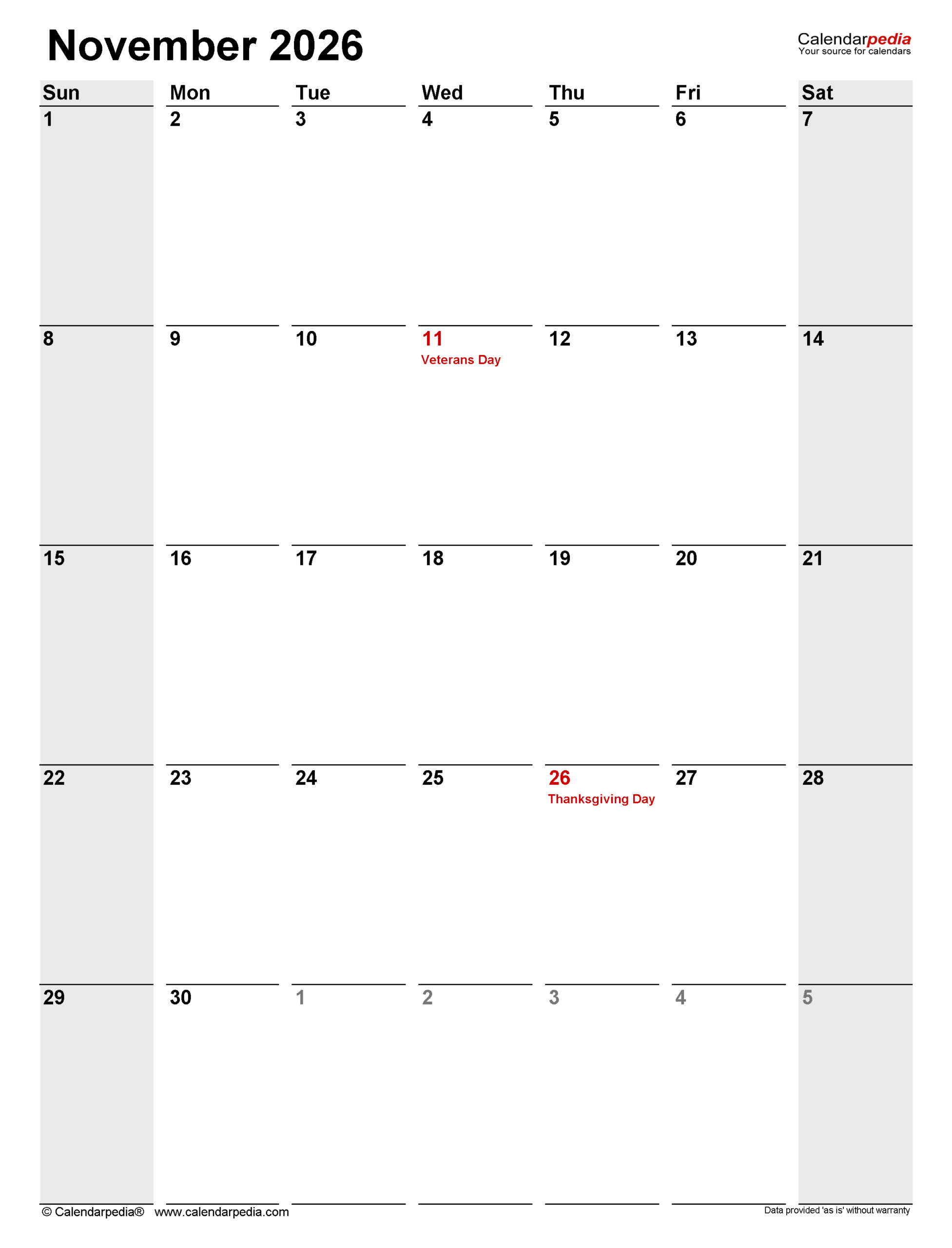 November 2026 Calendar Templates For PDF Excel And Word