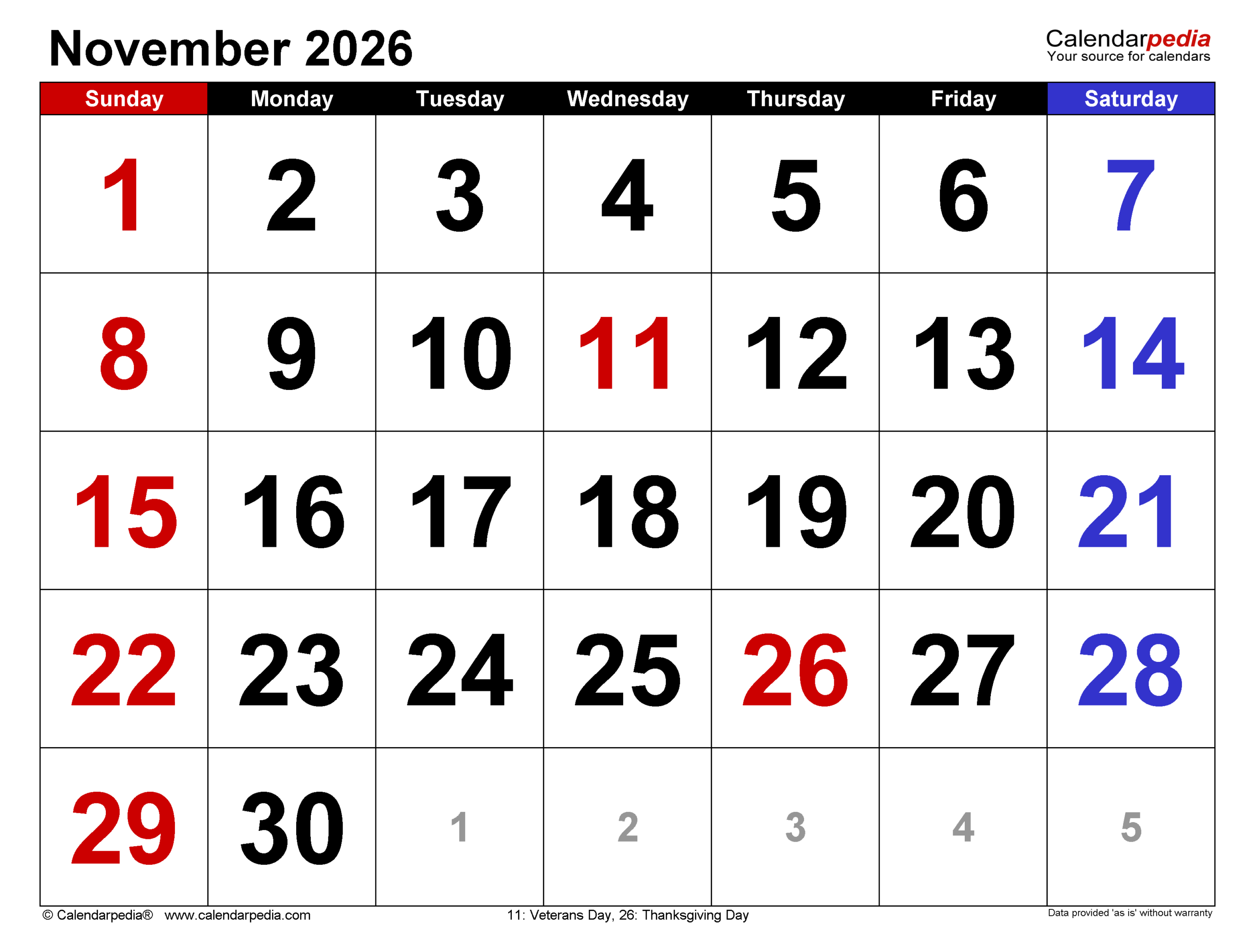 Monthly Calendar November 2026 Printable Pdf