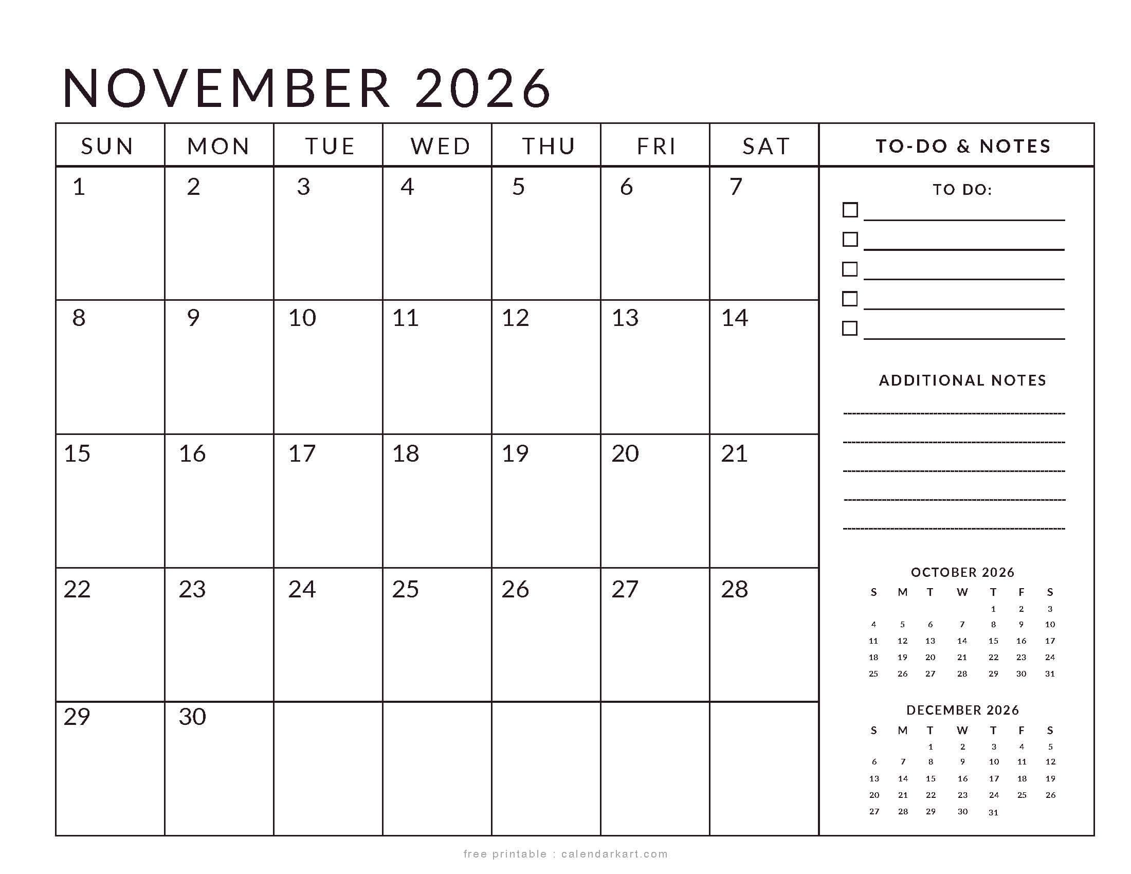 Calendar Weekly November 2026 Printable