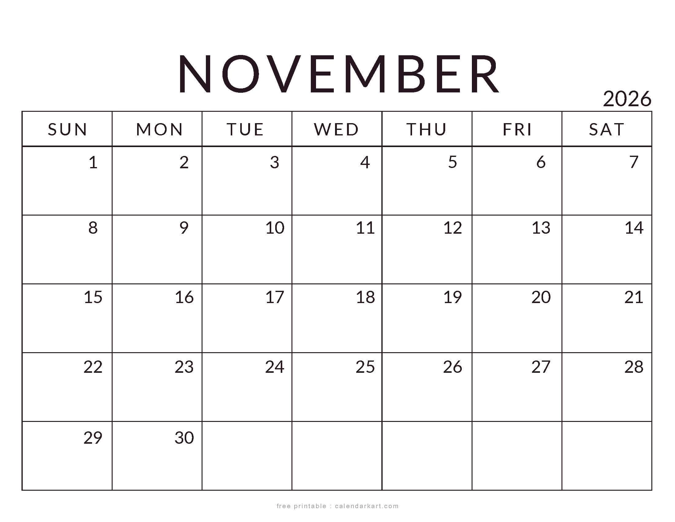 November 2026 Calendar Templates Free Printable PDFs CalendarKart