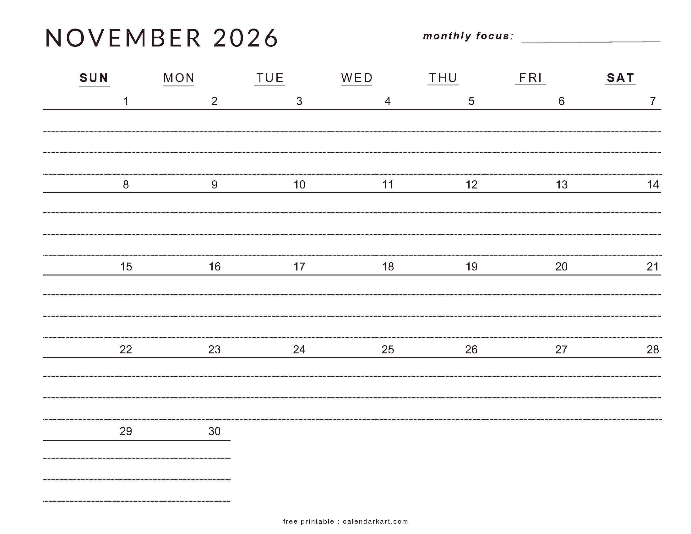 Free Printable Customer Calendar November 2026