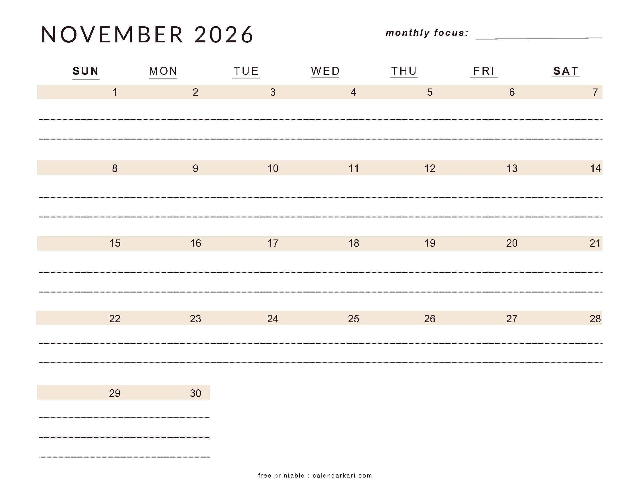 Printable November 2026 Calendar Horizontal