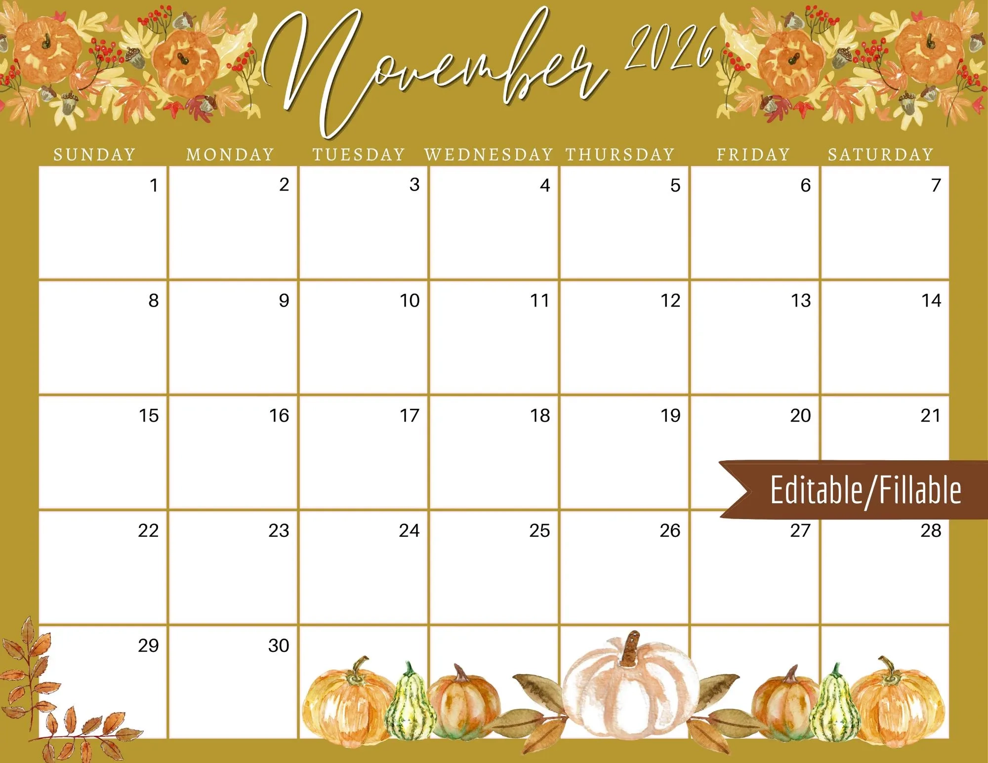 November 2026 Calendar Yellow Leaves Printable Planner PDF PNG 