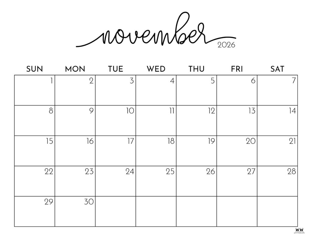 November 2026 Calendars 150 FREE Printables Printabulls