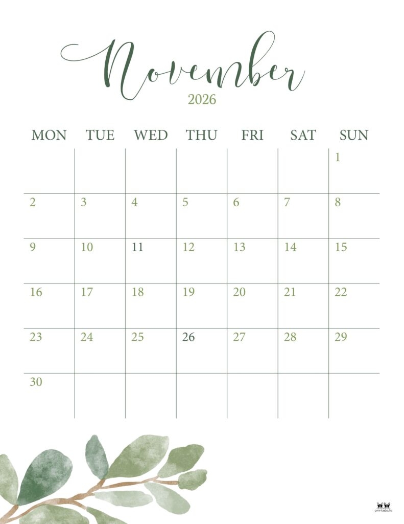 November 2026 Calendars 150 FREE Printables Printabulls