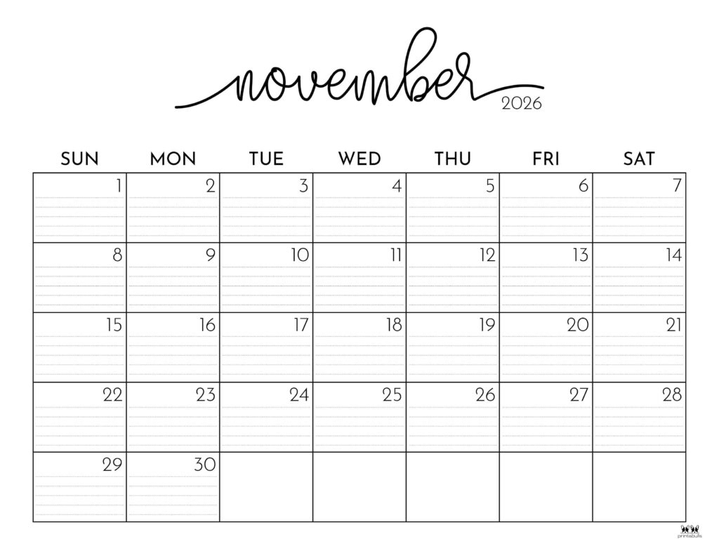 November 2026 Calendars 150 FREE Printables Printabulls