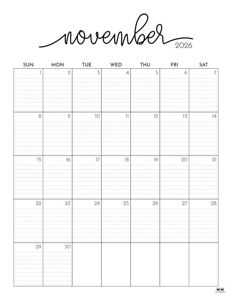 November 2026 Calendars 150 FREE Printables Printabulls
