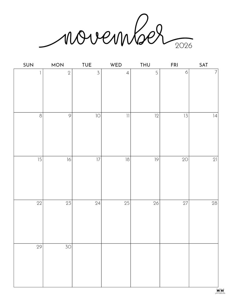 Monthly Calendar November 2026 Printable