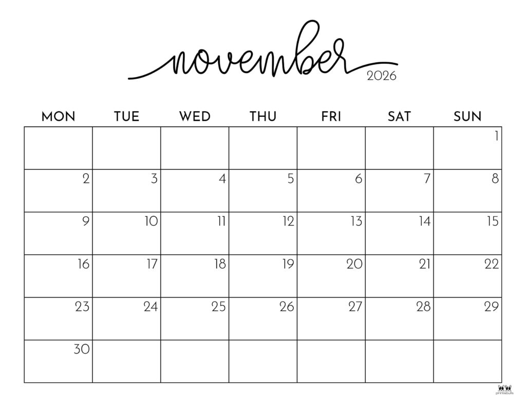 November 2026 Calendars 150 FREE Printables Printabulls