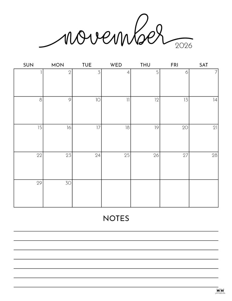 November 2026 Calendars 150 FREE Printables Printabulls