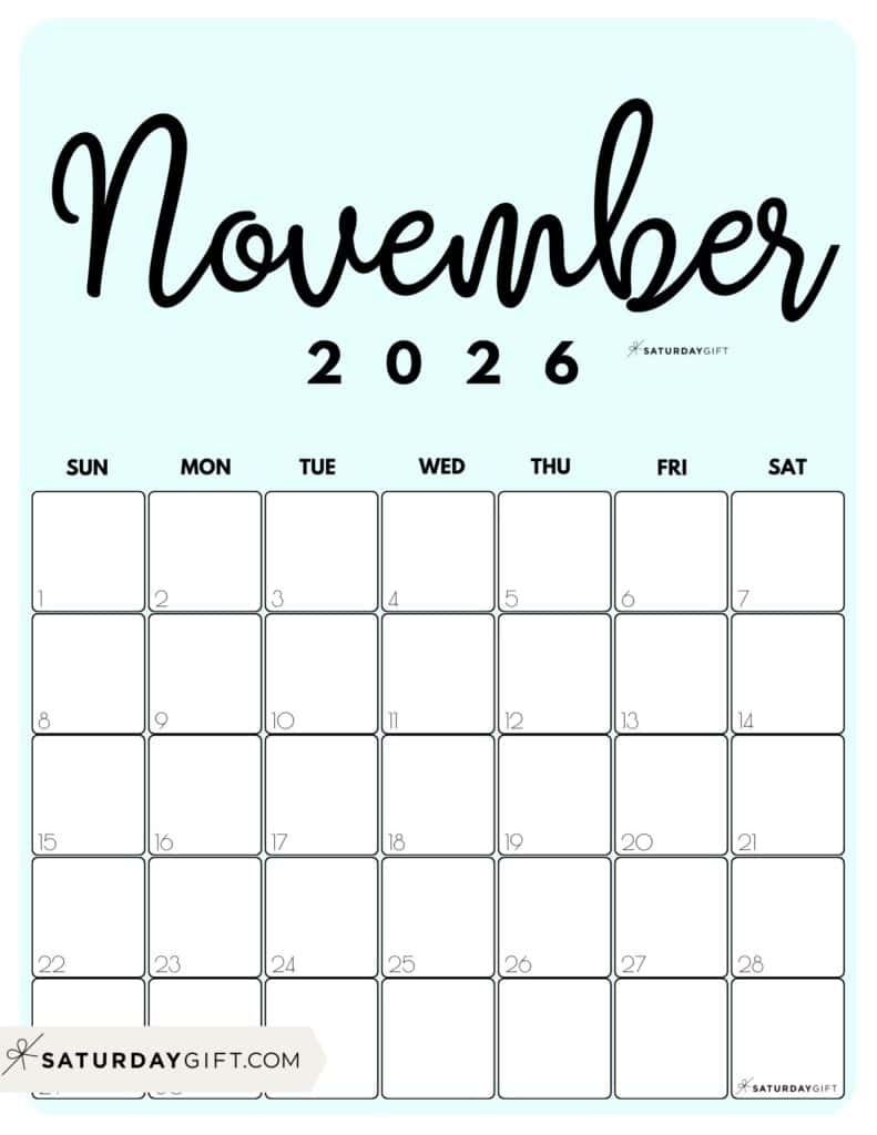 November 2026 Calendars 23 Cute Free Printable PDFs By SaturdayGift