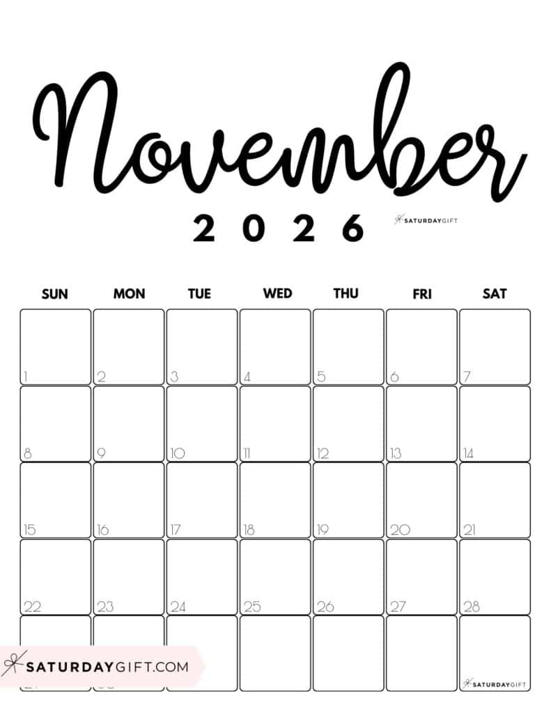 November 2026 Calendars 23 Cute Free Printable PDFs By SaturdayGift