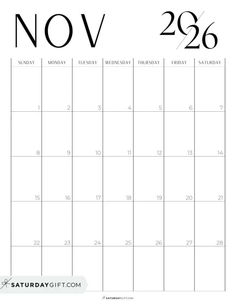 Printable November 2026 Calendar Word