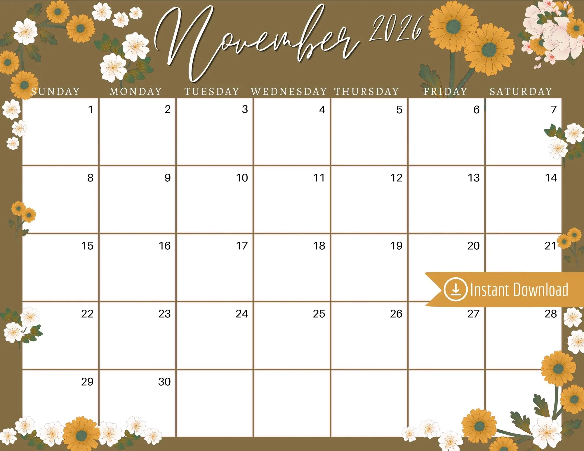 November Printable Calendar 2026 Flowers