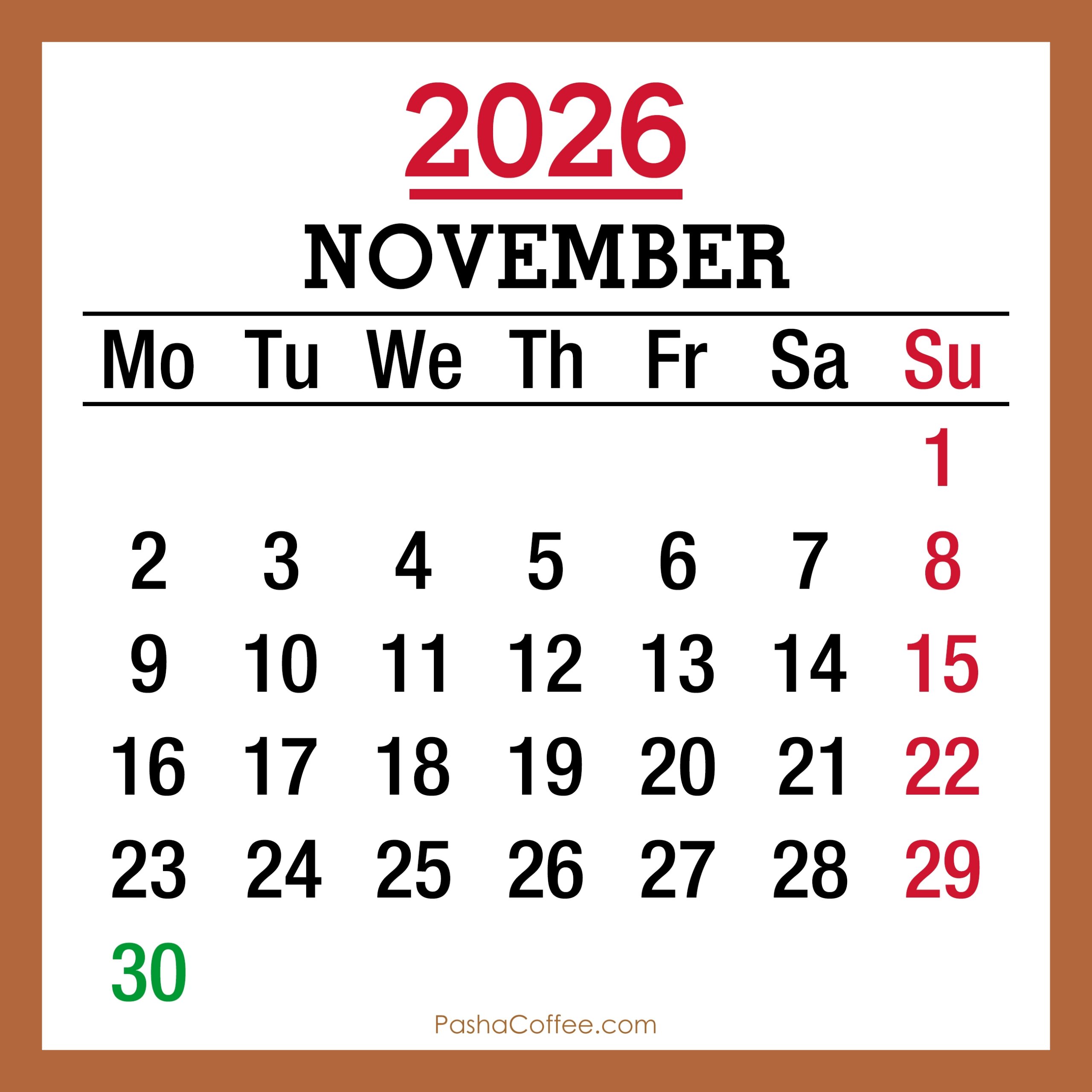 Printable Calendar November 2026 Uk