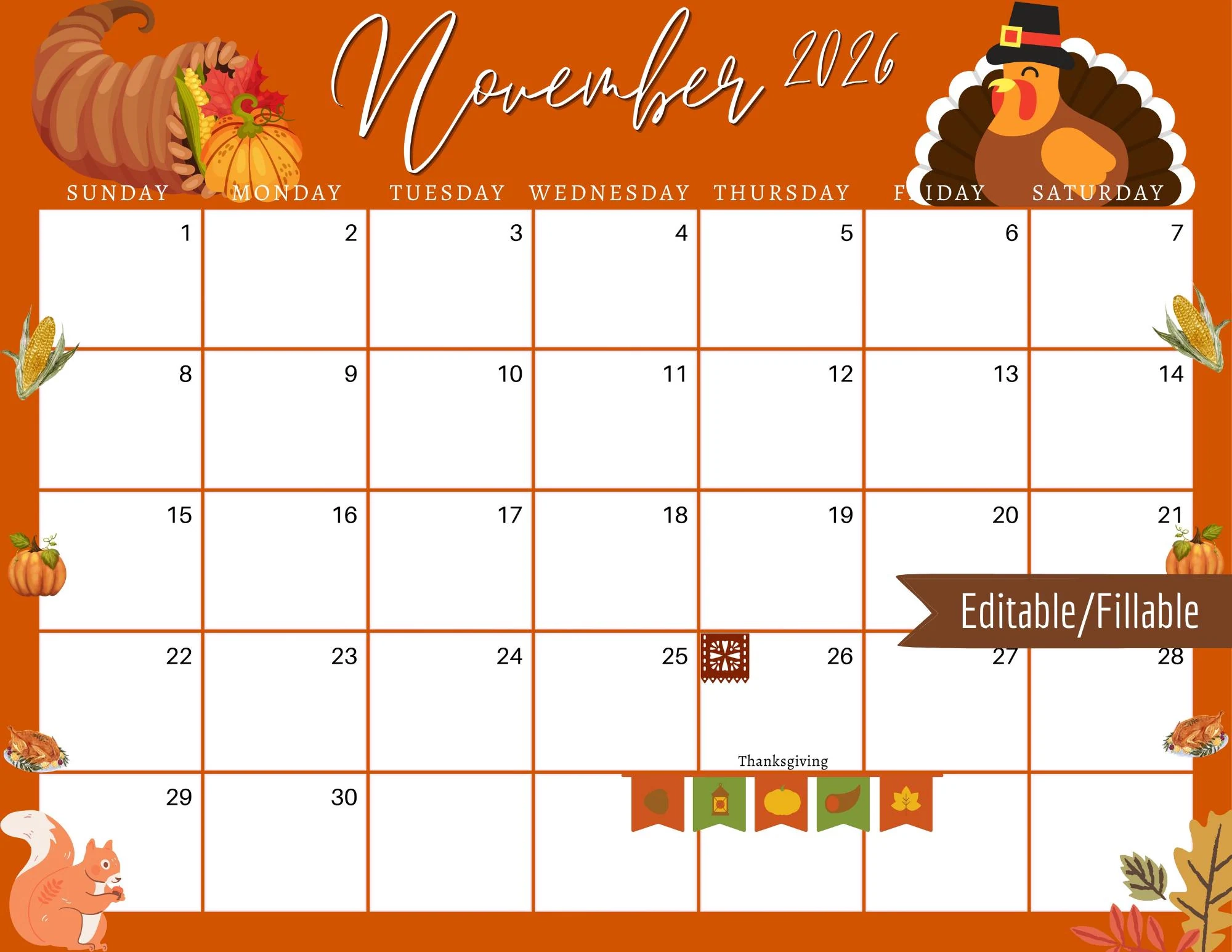 November 2026 Thanksgiving Planner Editable Printable Calendar 