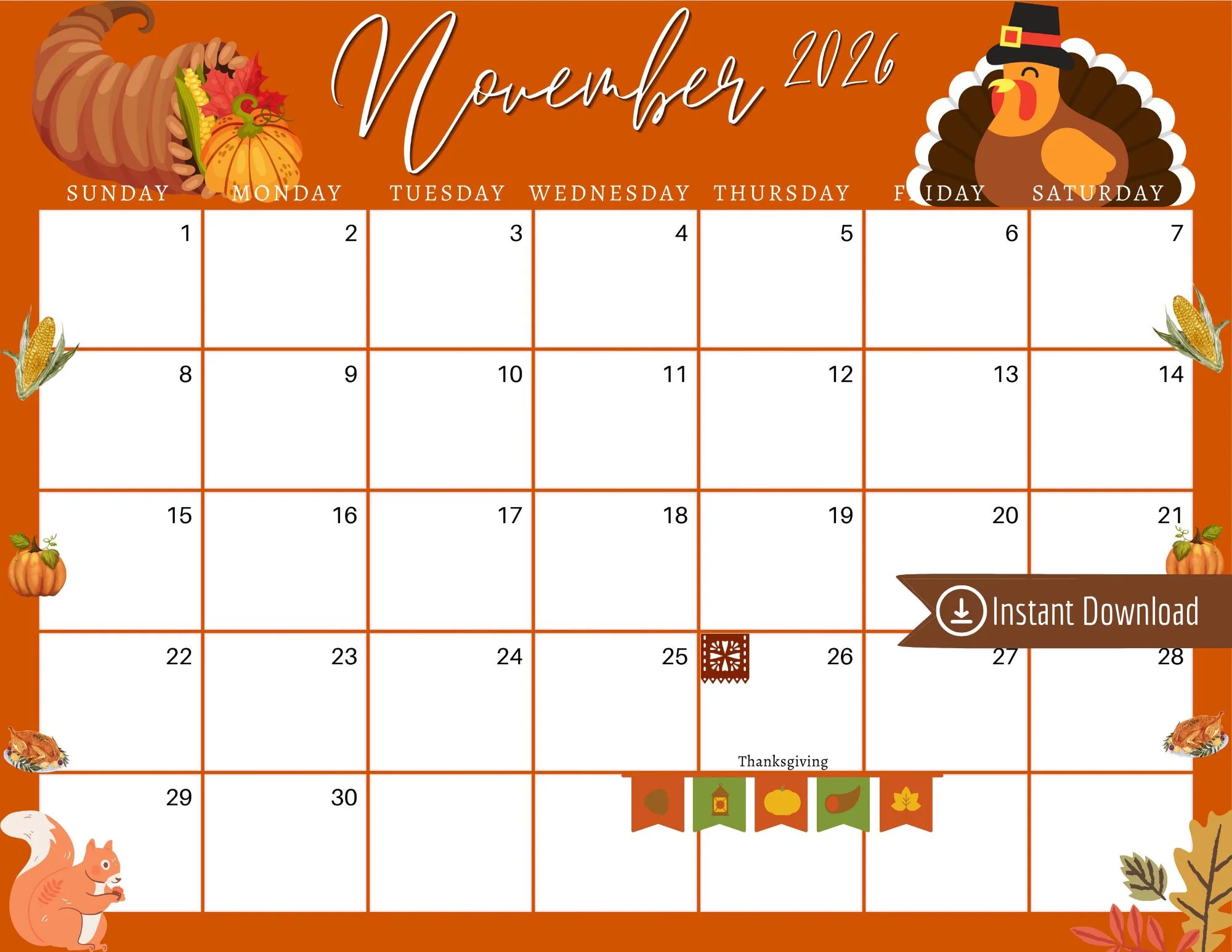 November 2026 Thanksgiving Planner Editable Printable Calendar 