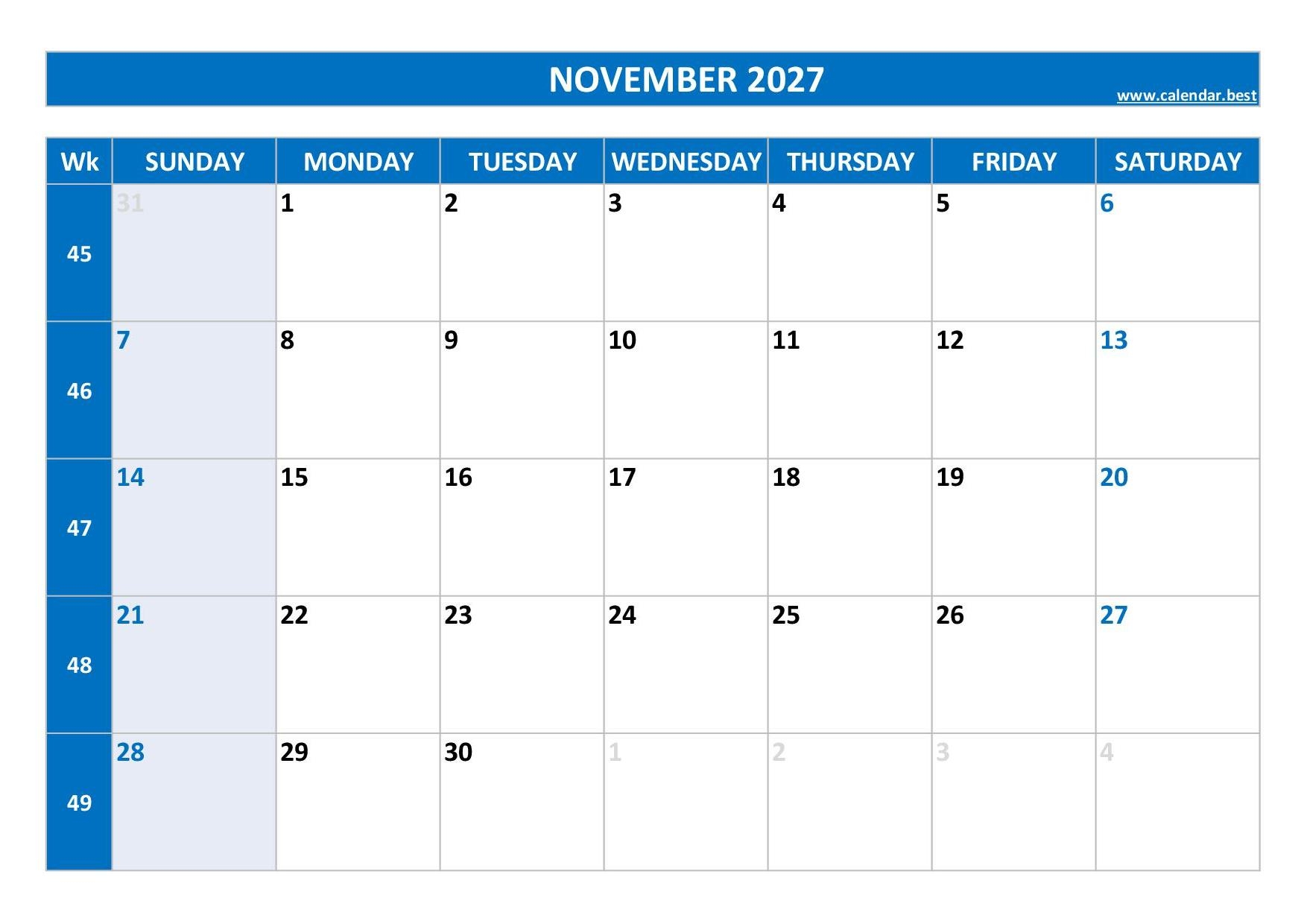November 2027 Calendar Calendar best