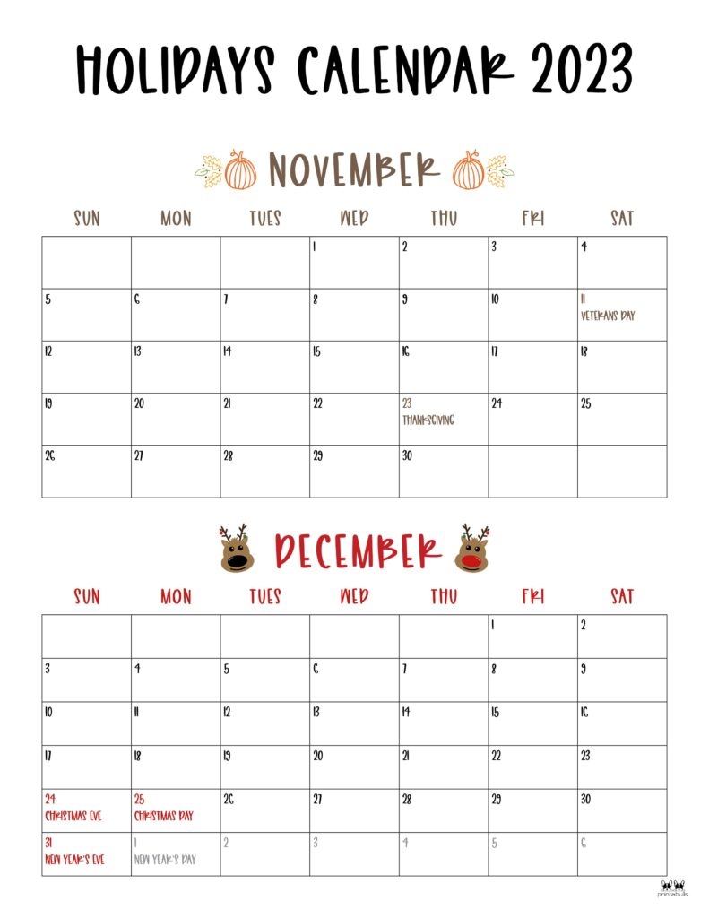November December 2023 Calendars 12 Printables Printabulls