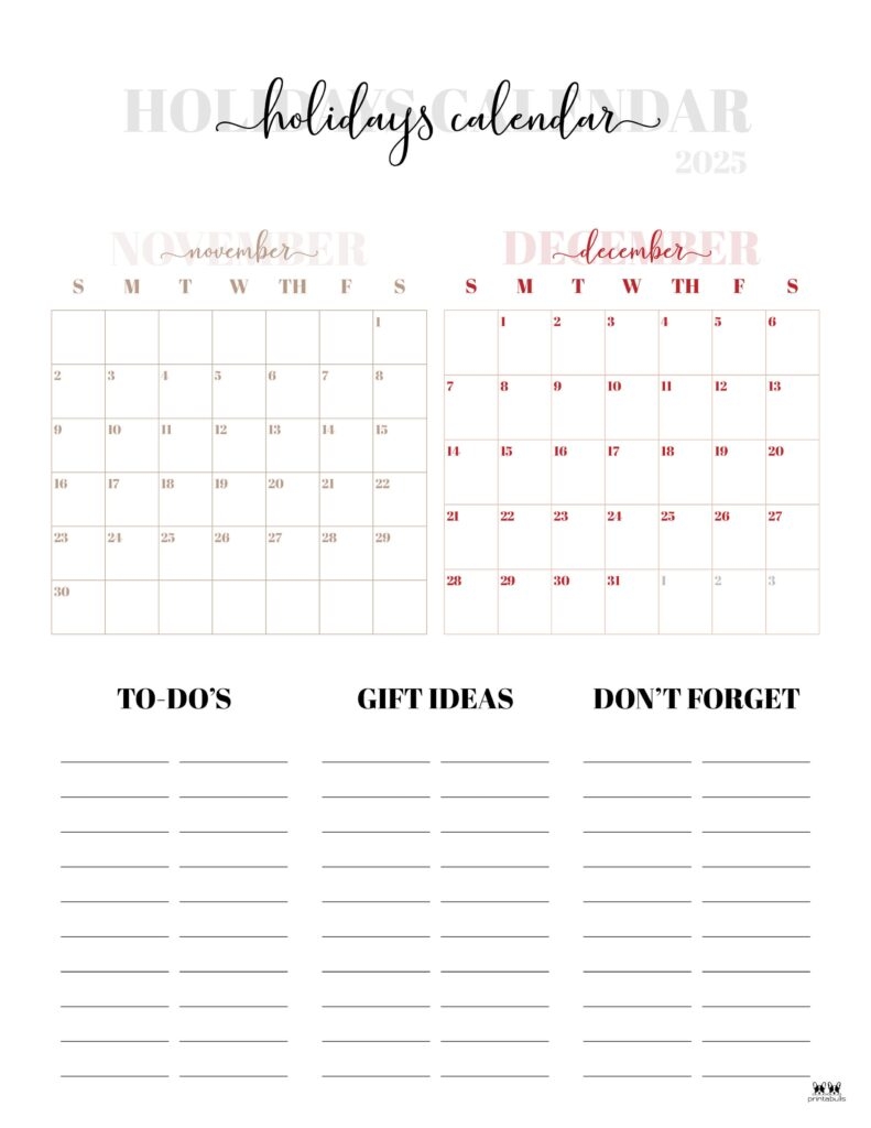 November December 2025 Calendars 28 Printables Printabulls