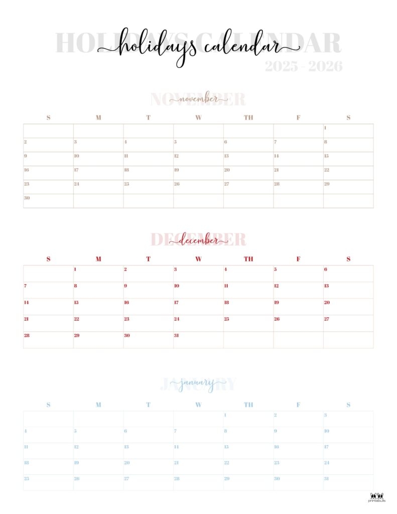 November December 2025 Calendars 28 Printables Printabulls