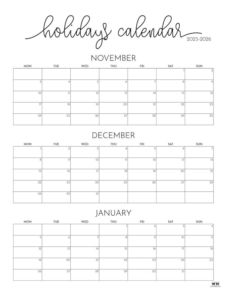 November December 2025 Calendars 28 Printables Printabulls