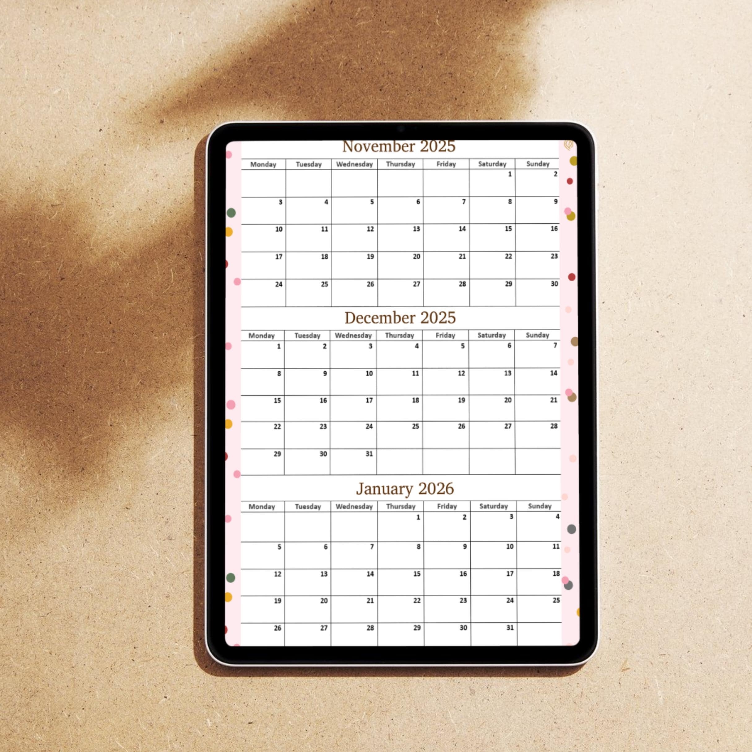 November december And January 2026 monday Start 2025 2026 Calendar 