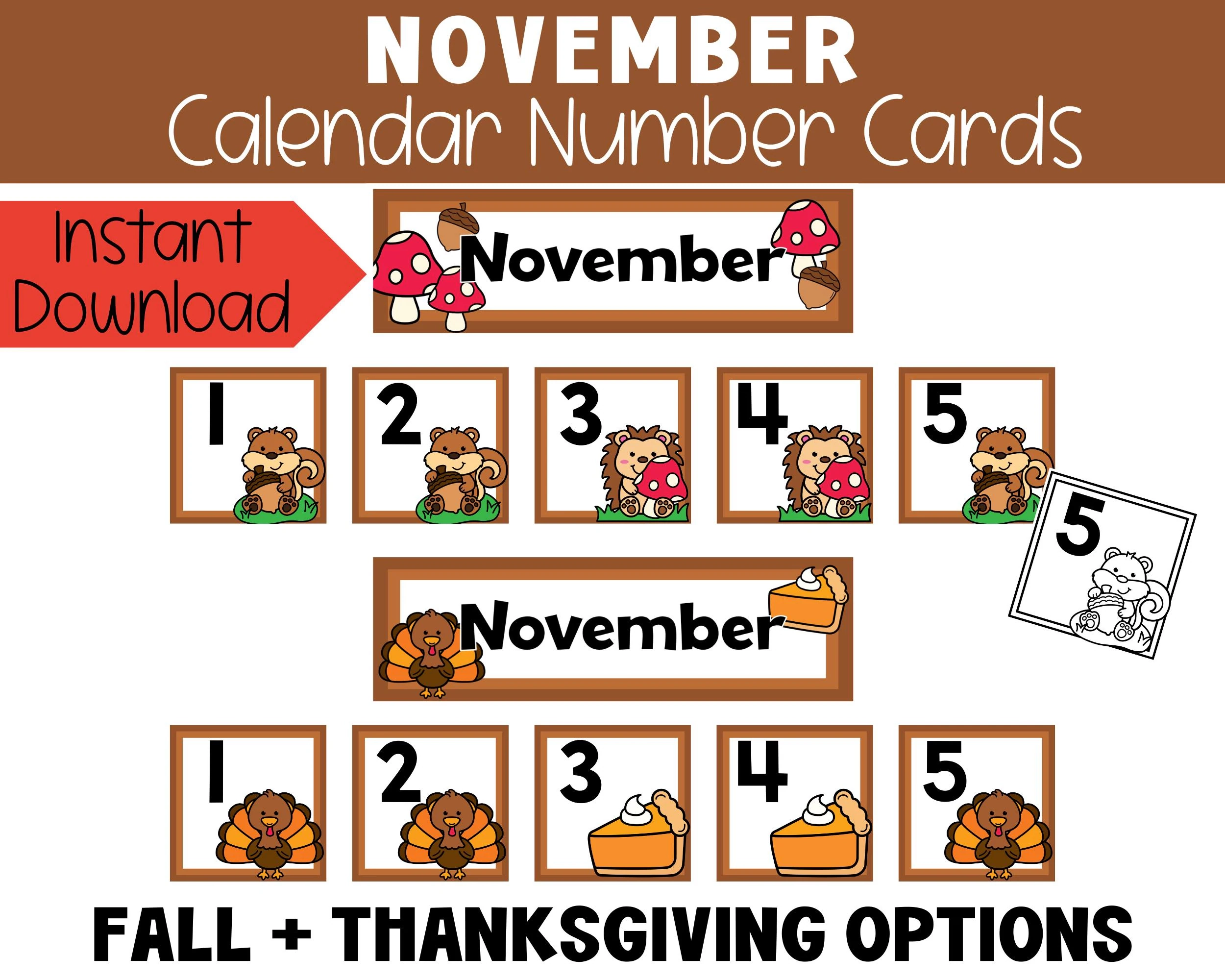 November Fall And Thanksgiving Calendar Numbers Printable Color 