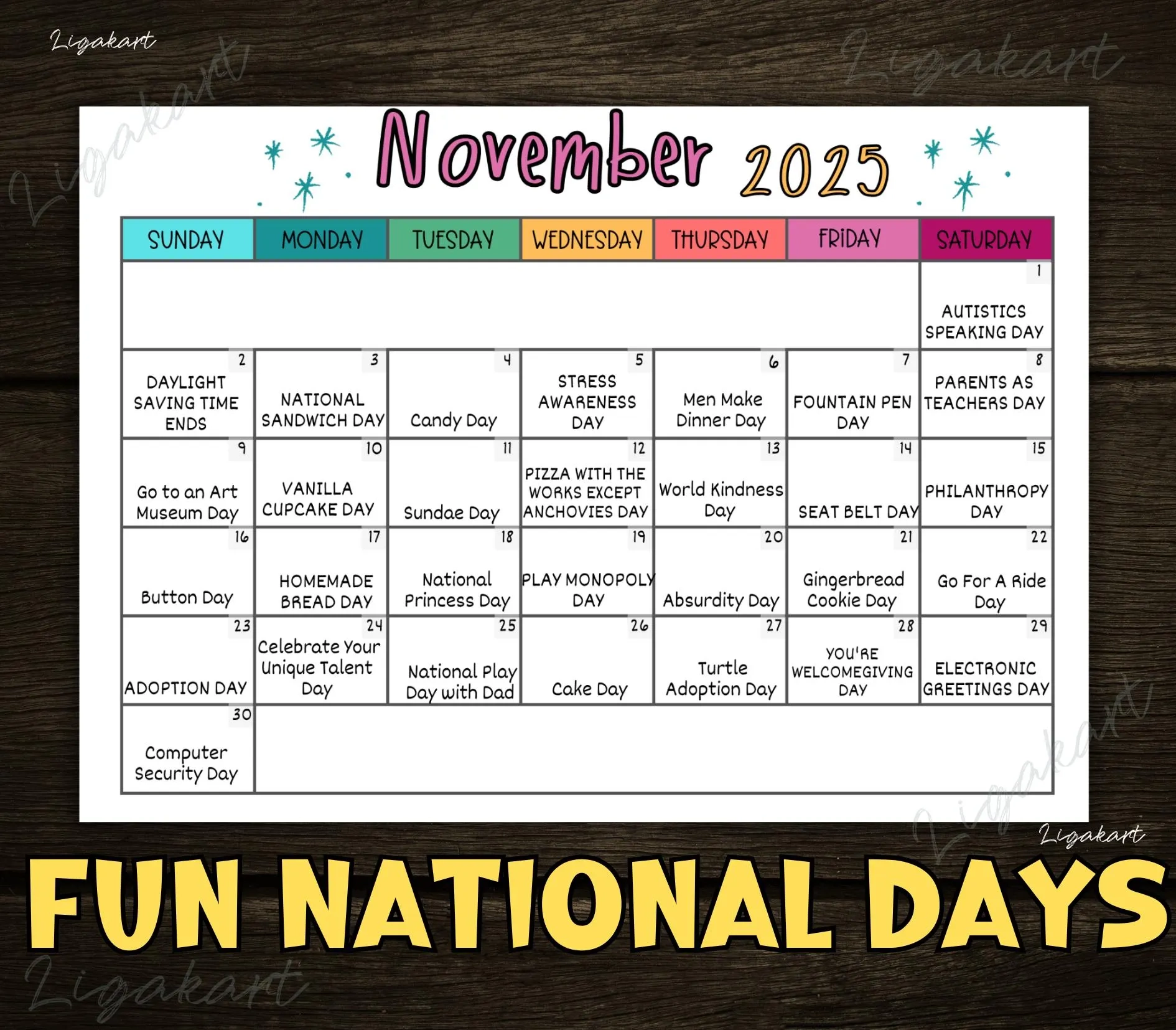 November Holiday Calendar Printable NOVEMBER National Days 