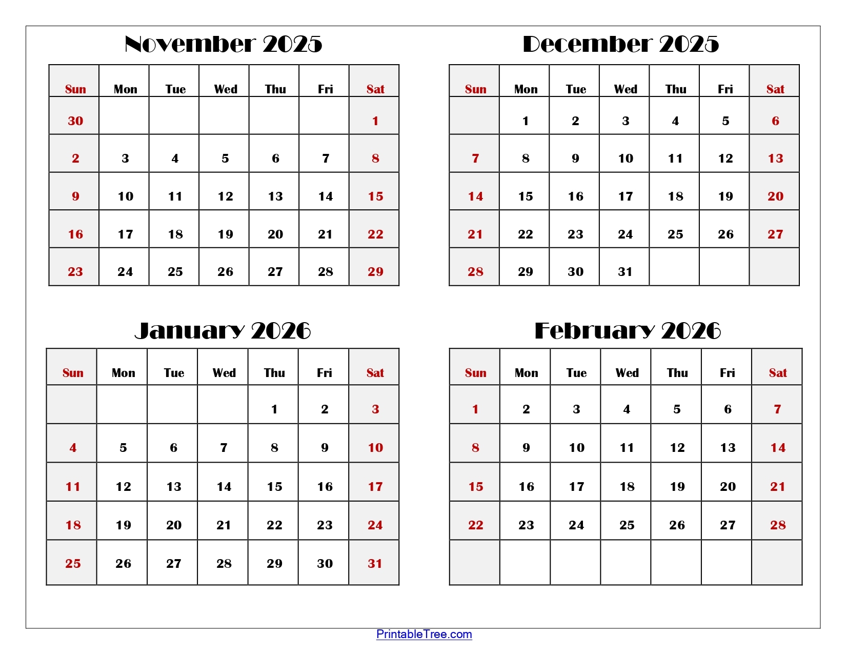 Printable 2026 Calendar November And December