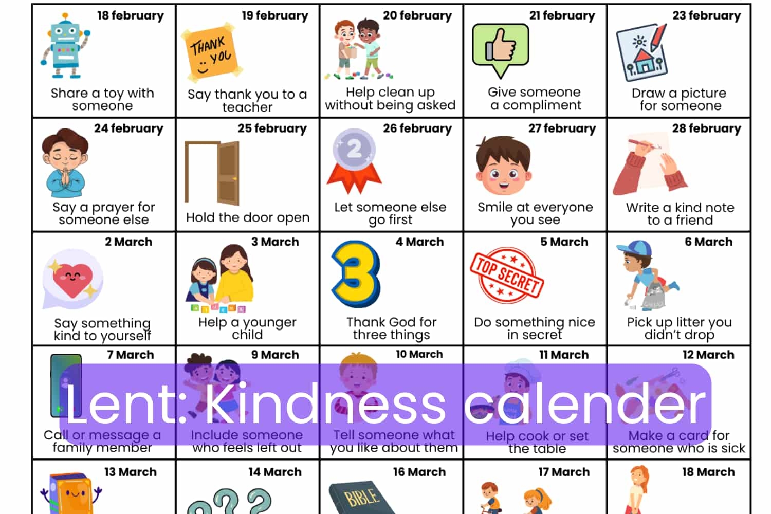 Lent Calendar 2026 Printable