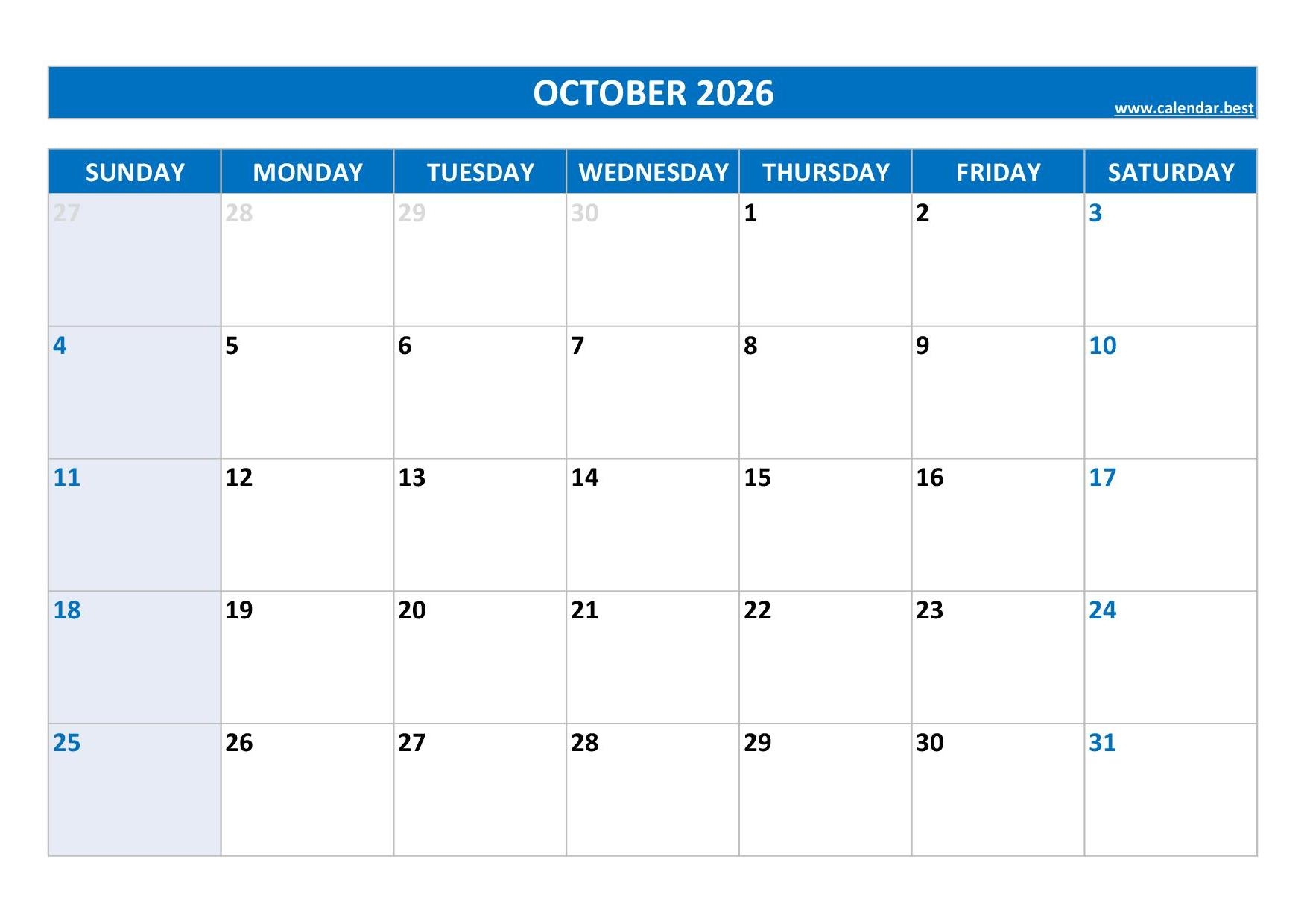 2026 October Calendar Printable