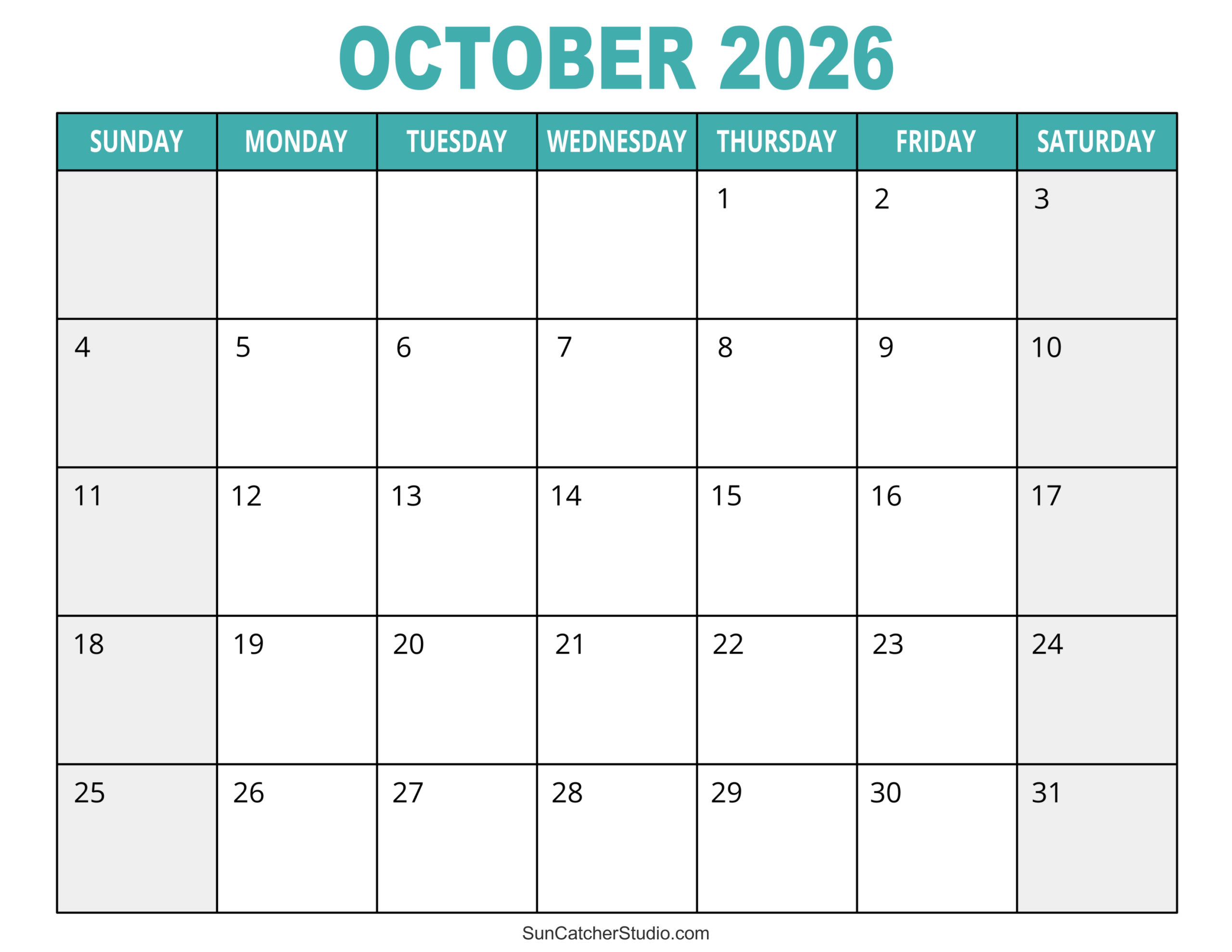 Calendar October 2026 Printable Free Template