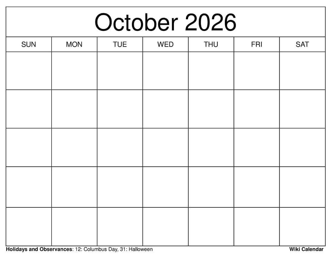 October 2026 Calendar Printable Templates amp More