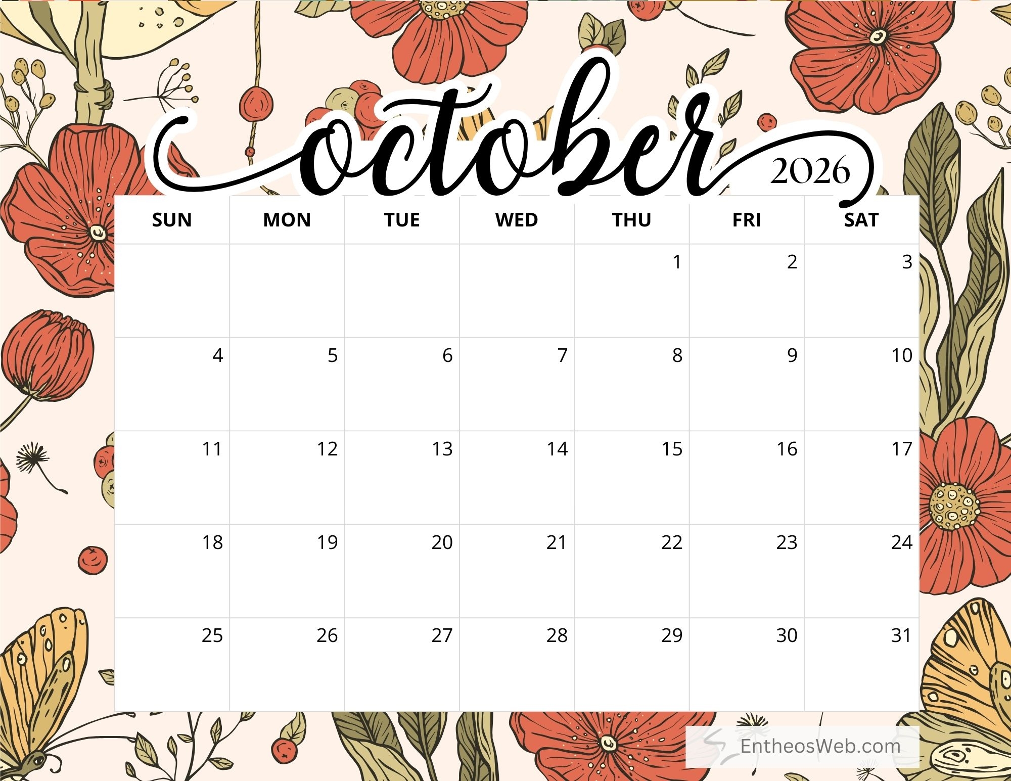 October Calendar 2026 Printable Free