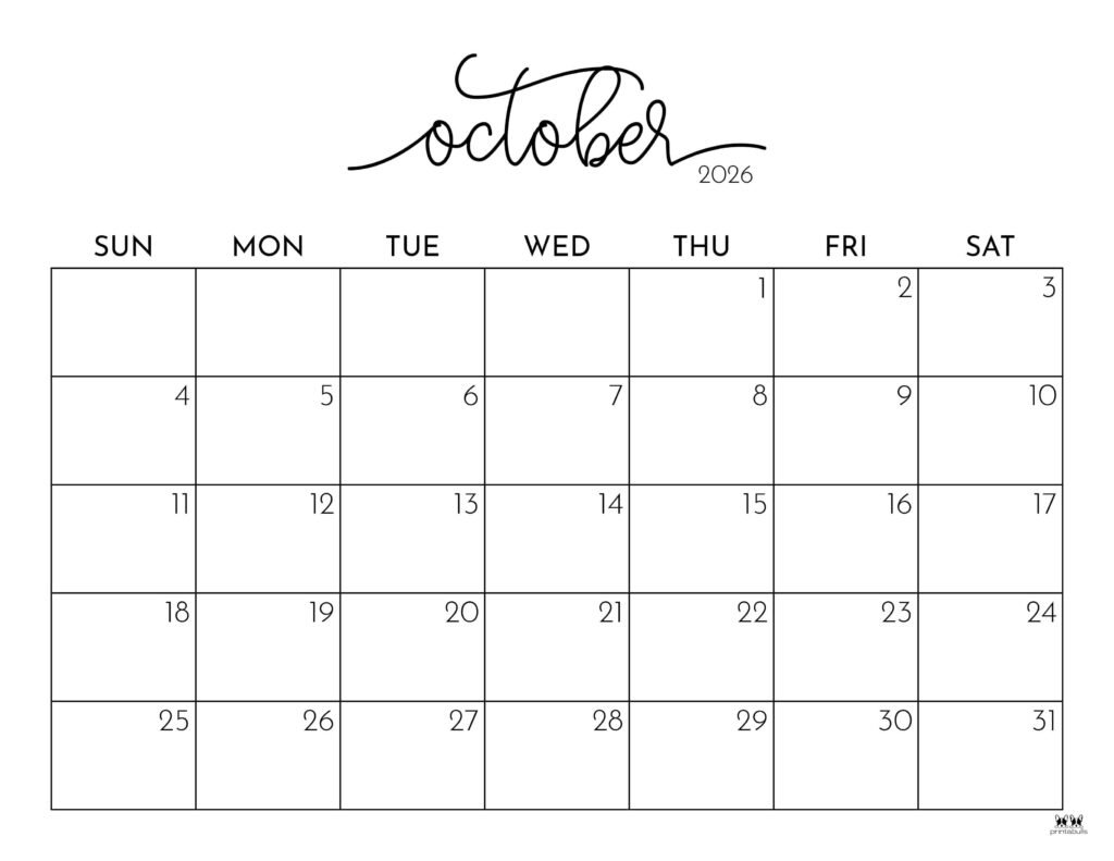 October 2026 Calendars 150 FREE Printables Printabulls