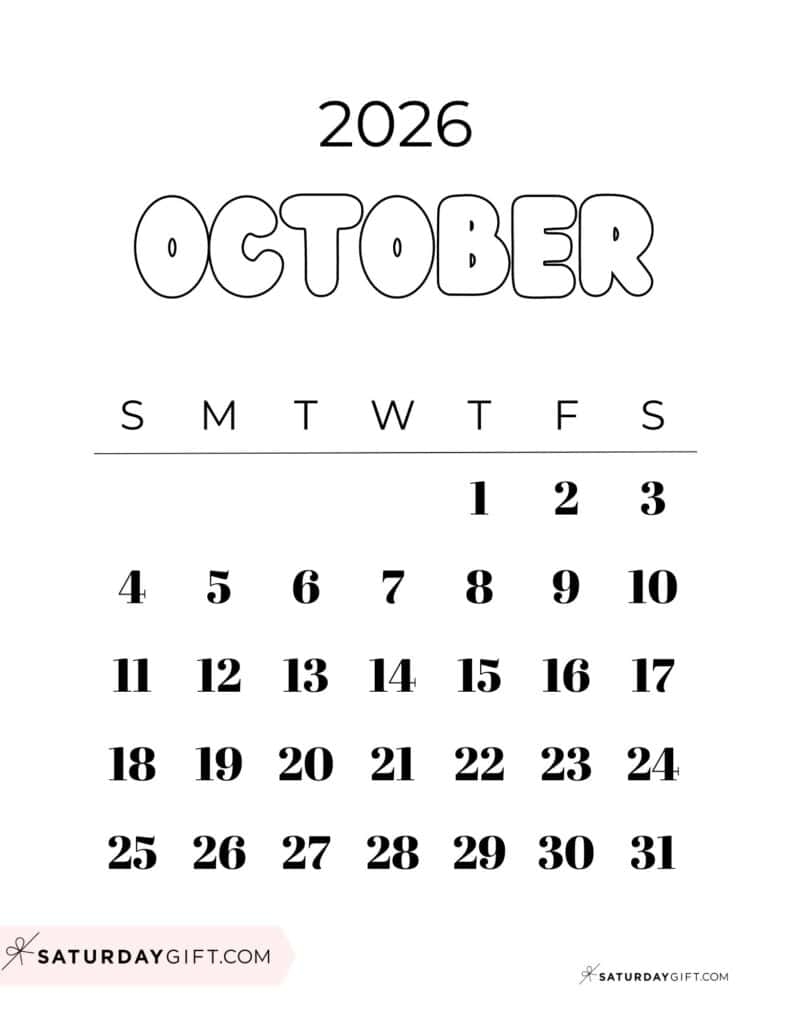 October 2026 Calendars 23 Cute Free Printable PDFs By SaturdayGift