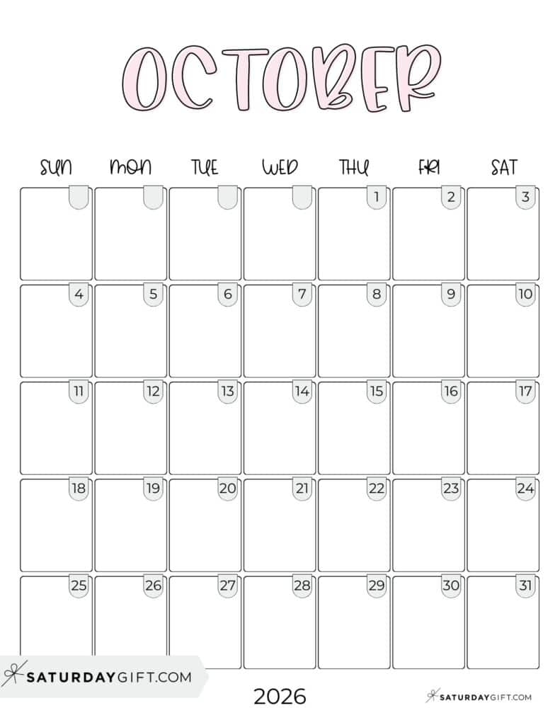 October 2026 Calendars 23 Cute Free Printable PDFs By SaturdayGift