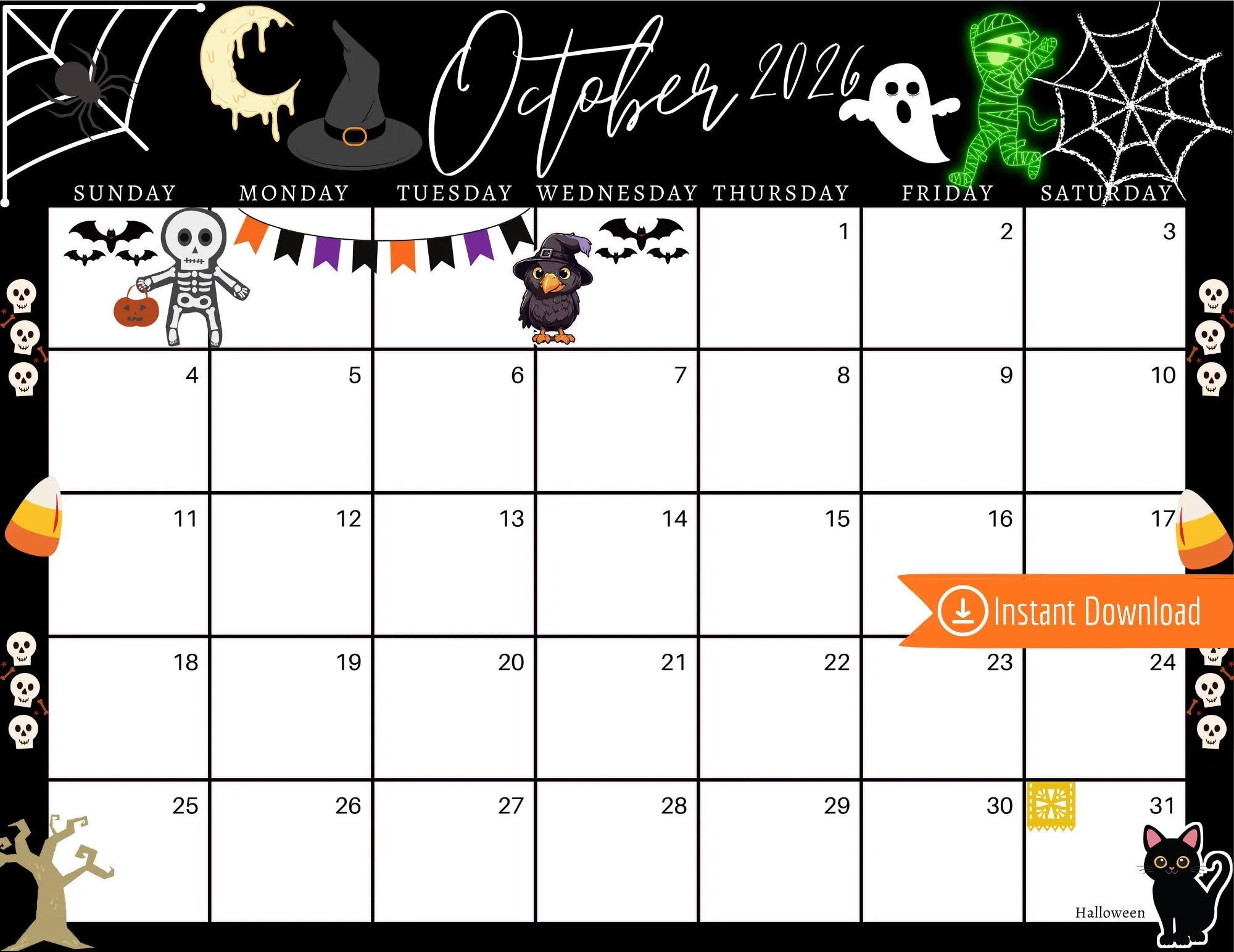 October 2026 Halloween Planner Editable Printable Calendar PDF 
