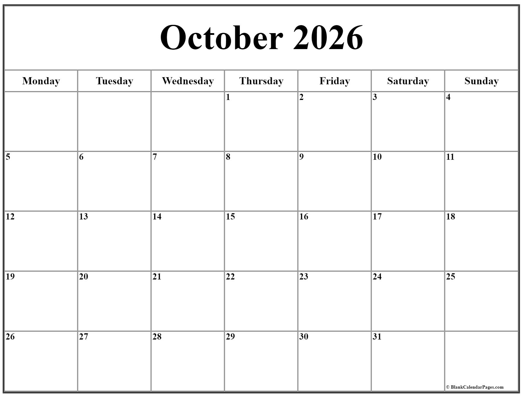 October 2026 Monday Calendar Monday To Sunday
