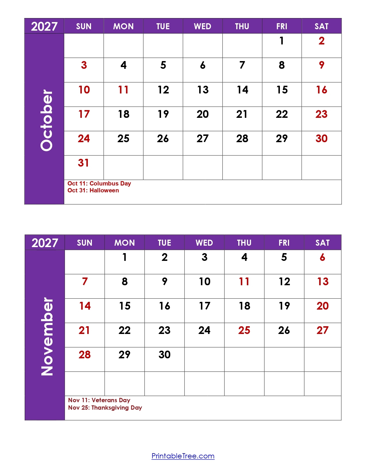 October And November 2027 Calendar Printable PDF Two Months Calendar